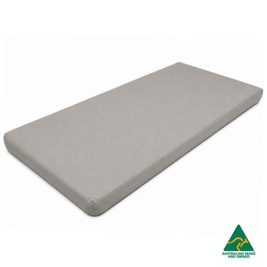 Front view of a Beige Hello Comfy 100% cotton fitted bottom sheet for a child care sleep mat, fully elasticated and Australian made for daycare centres.