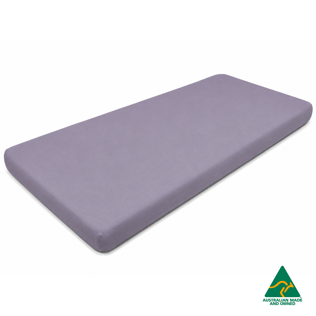 Front view of a Lavender Purple Hello Comfy 100% cotton fitted bottom sheet for a child care sleep mat, fully elasticated and Australian made for daycare centres.