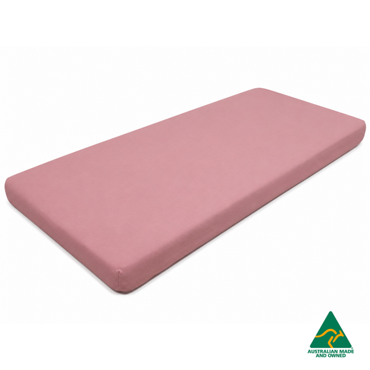 Front view of a Marshmallow Pink Hello Comfy 100% cotton fitted bottom sheet for a child care sleep mat, fully elasticated and Australian made for daycare centres.