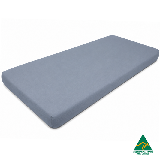 Front view of a Pastel Blue Hello Comfy 100% cotton fitted bottom sheet for a child care sleep mat, fully elasticated and Australian made for daycare centres.