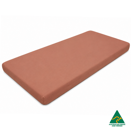 Front view of a Watermelon Red Hello Comfy 100% cotton fitted bottom sheet for a child care sleep mat, fully elasticated and Australian made for daycare centres.