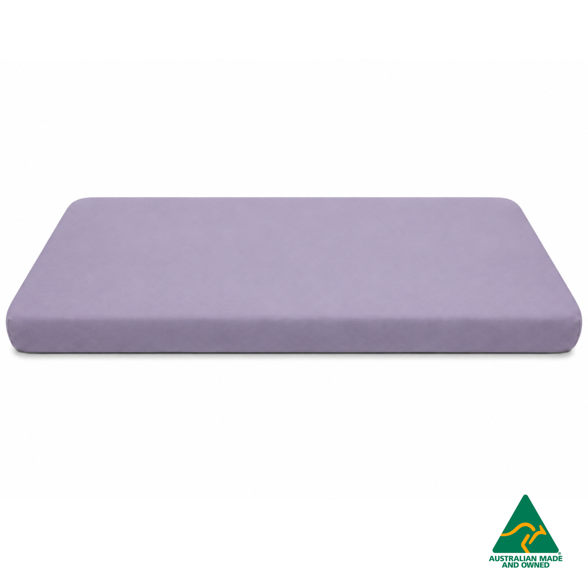 Side view of a Lavender Purple Hello Comfy 100% cotton fitted bottom sheet for a child care sleep mat, fully elasticated and Australian made for daycare centres.