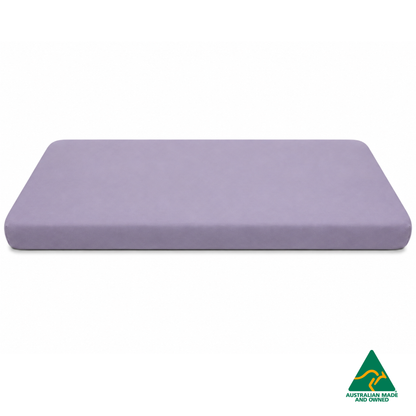 Side view of a Lavender Purple Hello Comfy 100% cotton fitted bottom sheet for a child care sleep mat, fully elasticated and Australian made for daycare centres.