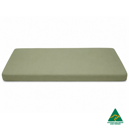 Side view of a Mint Green Hello Comfy 100% cotton fitted bottom sheet for a child care sleep mat, fully elasticated and Australian made for daycare centres.