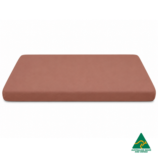 Side view of a Watermelon Red Hello Comfy 100% cotton fitted bottom sheet for a child care sleep mat, fully elasticated and Australian made for daycare centres.