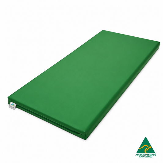 Green Hello Comfy Child Care Sleep Mat made from waterproof PVC vinyl and foam, tested to AS/NZS 8811.1:2013, Australian-made for daycare and child care use