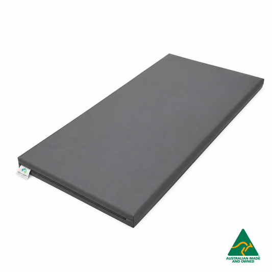 Grey Hello Comfy Child Care Sleep Mat made from waterproof PVC vinyl and foam, tested to AS/NZS 8811.1:2013, Australian-made for daycare and child care use