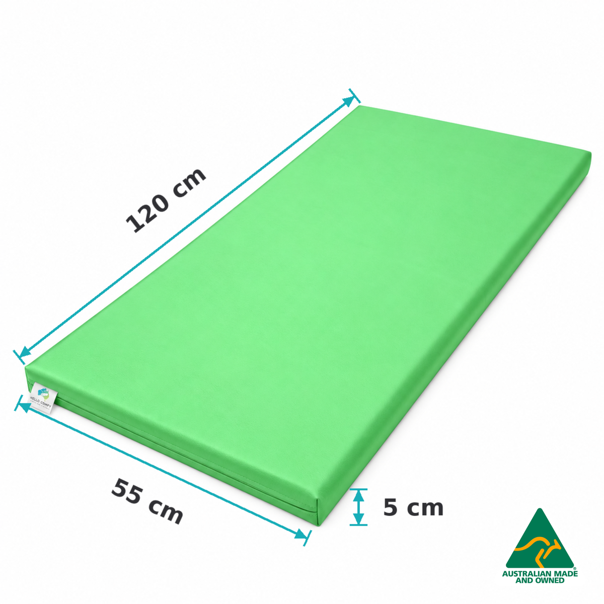 Dimensions of the Mint Green Hello Comfy Child Care Sleep Mat showing 120cm length, 55cm width and 5cm thickness for daycare, kindergarten, school and early-learning use.