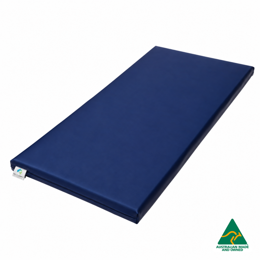 Navy Hello Comfy Child Care Sleep Mat made from waterproof PVC vinyl and foam, tested to AS/NZS 8811.1:2013, Australian-made for daycare and child care use