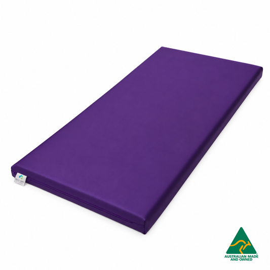 Purple Hello Comfy Child Care Sleep Mat made from waterproof PVC vinyl and foam, tested to AS/NZS 8811.1:2013, Australian-made for daycare and child care use