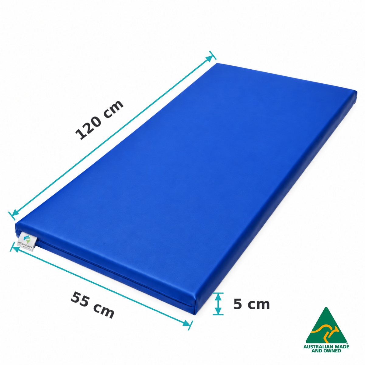 Dimensions of the Royal Blue Hello Comfy Child Care Sleep Mat showing 120cm length, 55cm width and 5cm thickness for daycare, kindergarten, school and early-learning use.