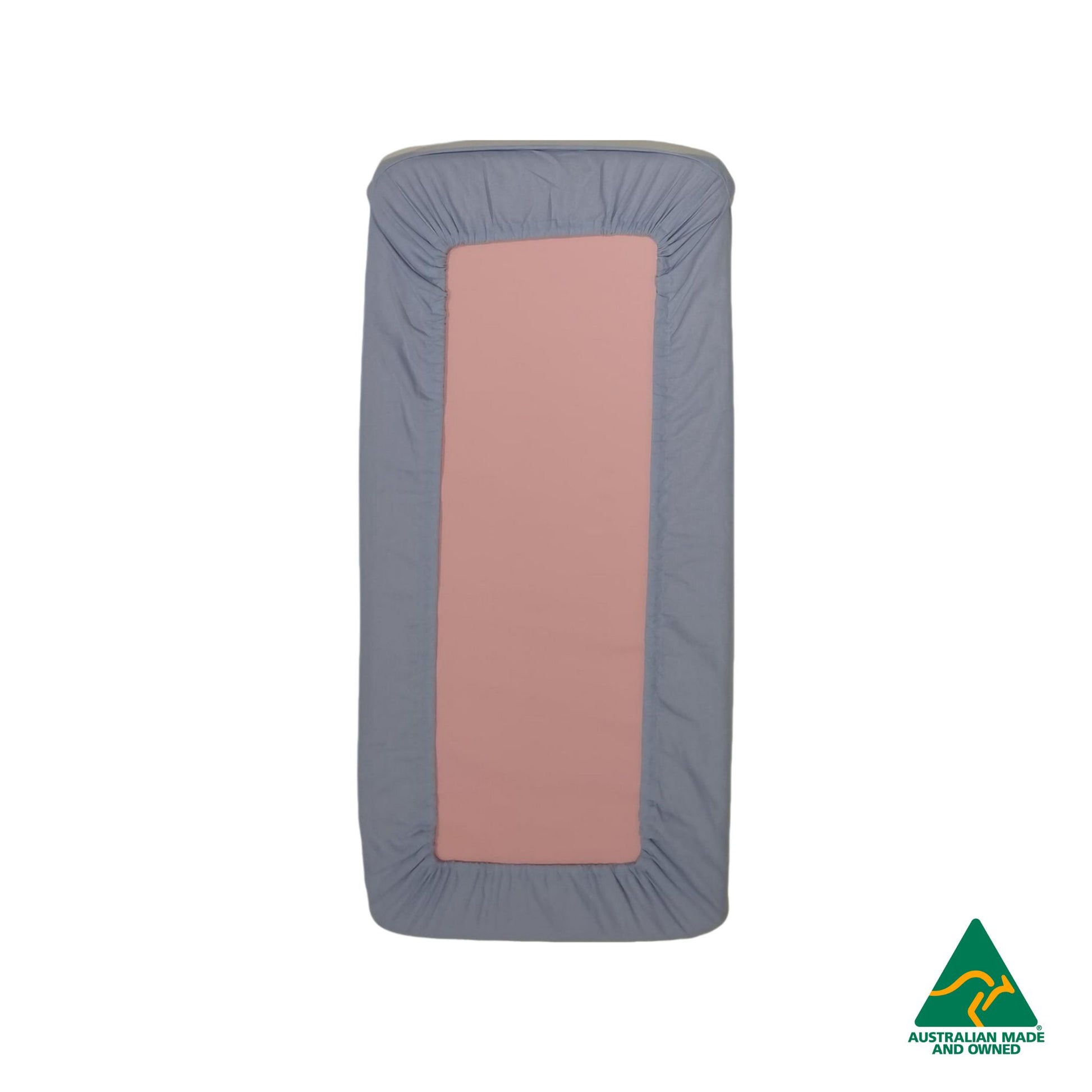 Back view of Pastel Blue Hello Comfy 100% cotton sleep mat sheet set with fitted and flat sheet, elastic-fitted, Australian-made for daycare and child care centres