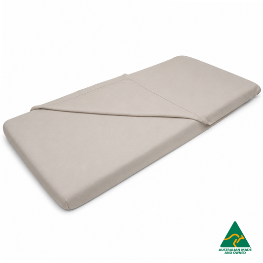 Front view of Beige Hello Comfy 100% cotton sleep mat sheet set with fitted and flat sheet, elastic-fitted, Australian-made for daycare and child care centres