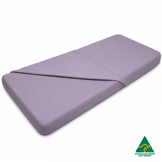 Front view of Lavender Purple Hello Comfy 100% cotton sleep mat sheet set with fitted and flat sheet, elastic-fitted, Australian-made for daycare and child care centres