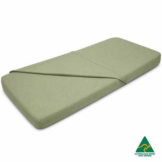 Front view of Mint Green Hello Comfy 100% cotton sleep mat sheet set with fitted and flat sheet, elastic-fitted, Australian-made for daycare and child care centres