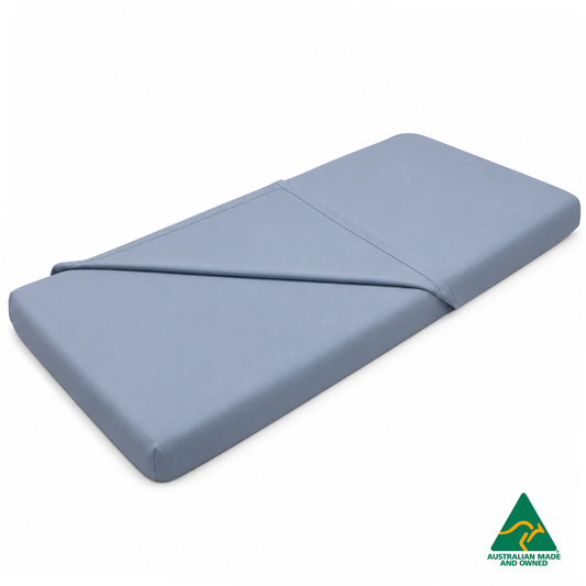 Front view of Pastel Blue Hello Comfy 100% cotton sleep mat sheet set with fitted and flat sheet, elastic-fitted, Australian-made for daycare and child care centres
