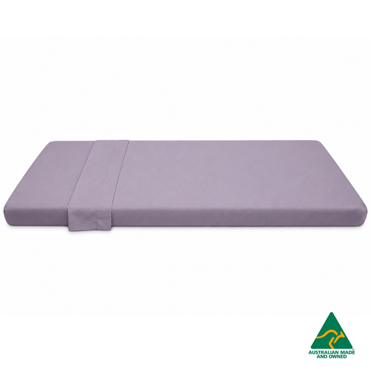 Side view of Lavender Purple Hello Comfy 100% cotton sleep mat sheet set with fitted and flat sheet, elastic-fitted, Australian-made for daycare and child care centres