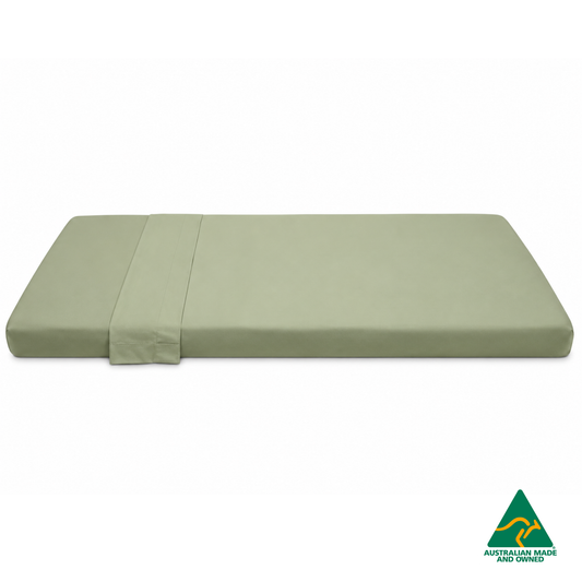Side view of Mint Green Hello Comfy 100% cotton sleep mat sheet set with fitted and flat sheet, elastic-fitted, Australian-made for daycare and child care centres