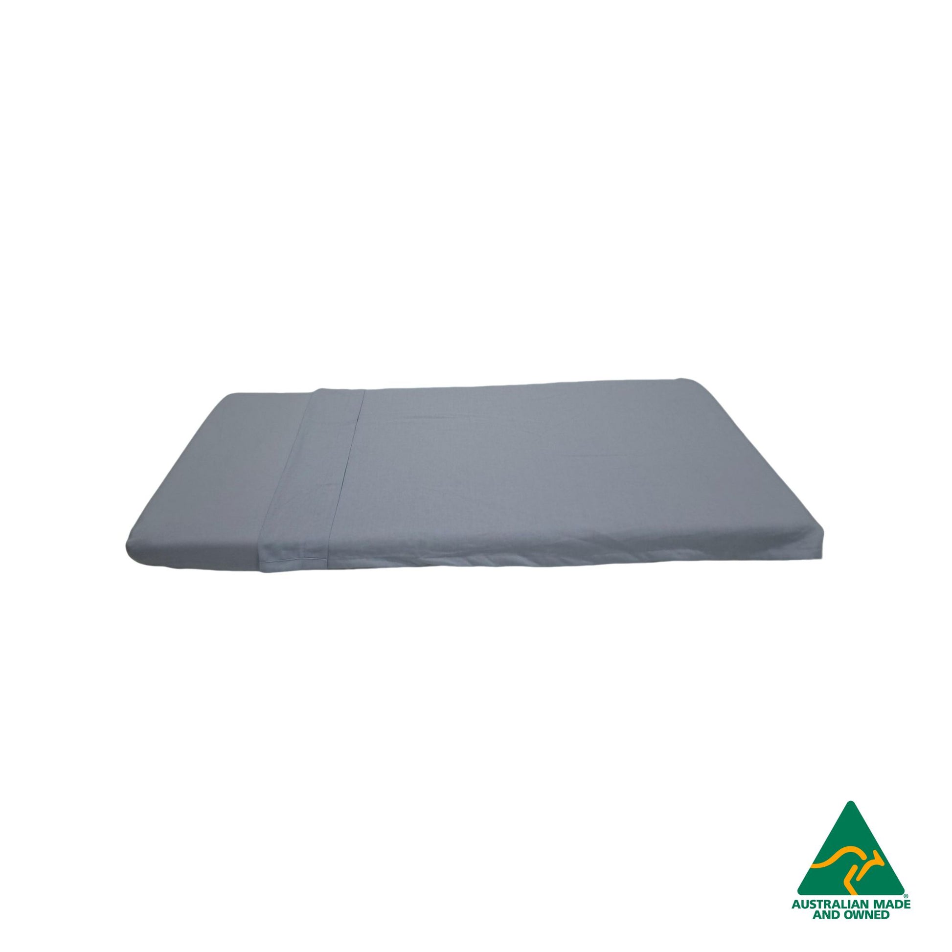 Side view of Pastel Blue Hello Comfy 100% cotton sleep mat sheet set with fitted and flat sheet, elastic-fitted, Australian-made for daycare and child care centres