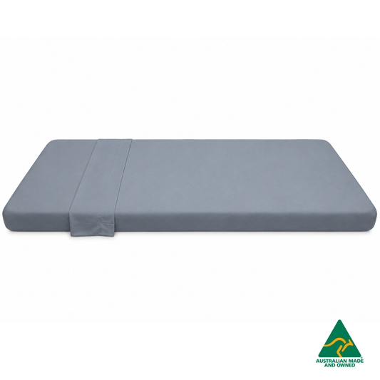 Side view of Pastel Blue Hello Comfy 100% cotton sleep mat sheet set with fitted and flat sheet, elastic-fitted, Australian-made for daycare and child care centres