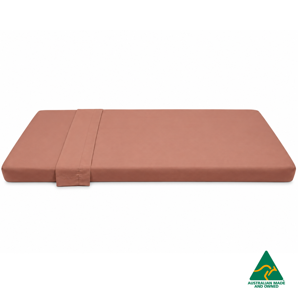 Side view of Watermelon Red Hello Comfy 100% cotton sleep mat sheet set with fitted and flat sheet, elastic-fitted, Australian-made for daycare and child care centres