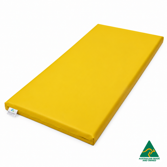 Yellow Hello Comfy Child Care Sleep Mat made from waterproof PVC vinyl and foam, tested to AS/NZS 8811.1:2013, Australian-made for daycare and child care use