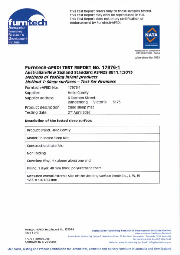 Daycare sleep mat firmness test report showing product details and AS/NZS 8811.1:2013 testing standard