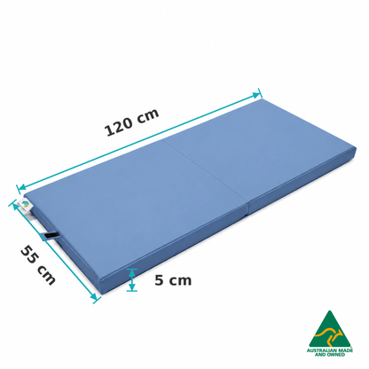 Dimensions of the Unfolded Denim Blue Hello Comfy Foldable Child Care Sleep Mat showing 120cm length, 55cm width and 5cm thickness for daycare, kindergarten, school and early-learning use.
