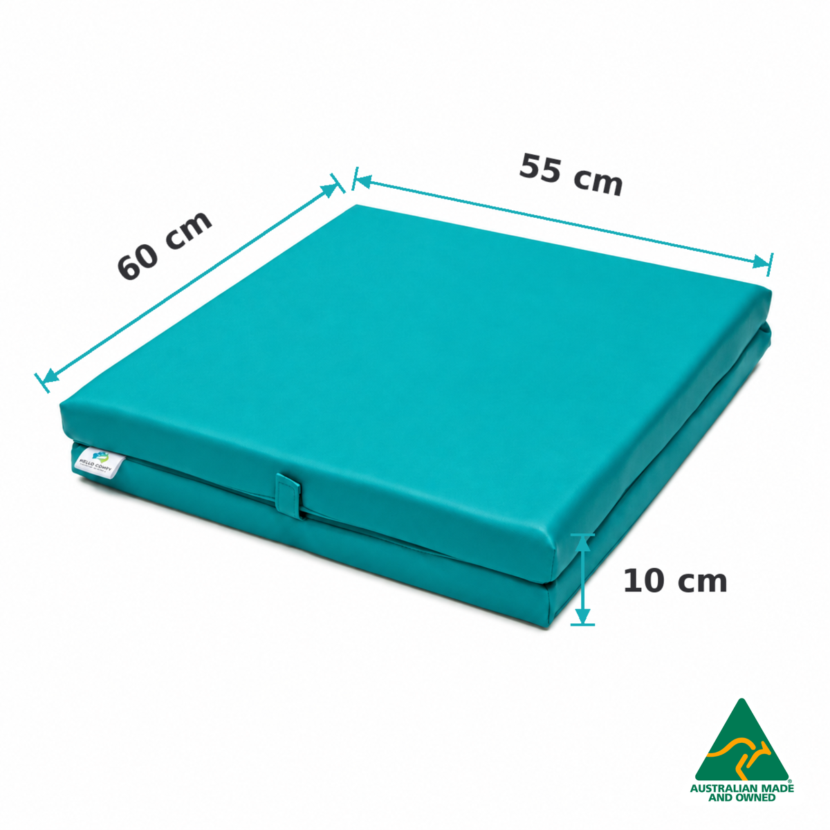 Dimensions of the Folded Aqua Hello Comfy Foldable Child Care Sleep Mat showing 60cm length, 55cm width and 10cm thickness for daycare, kindergarten, school and early-learning use.