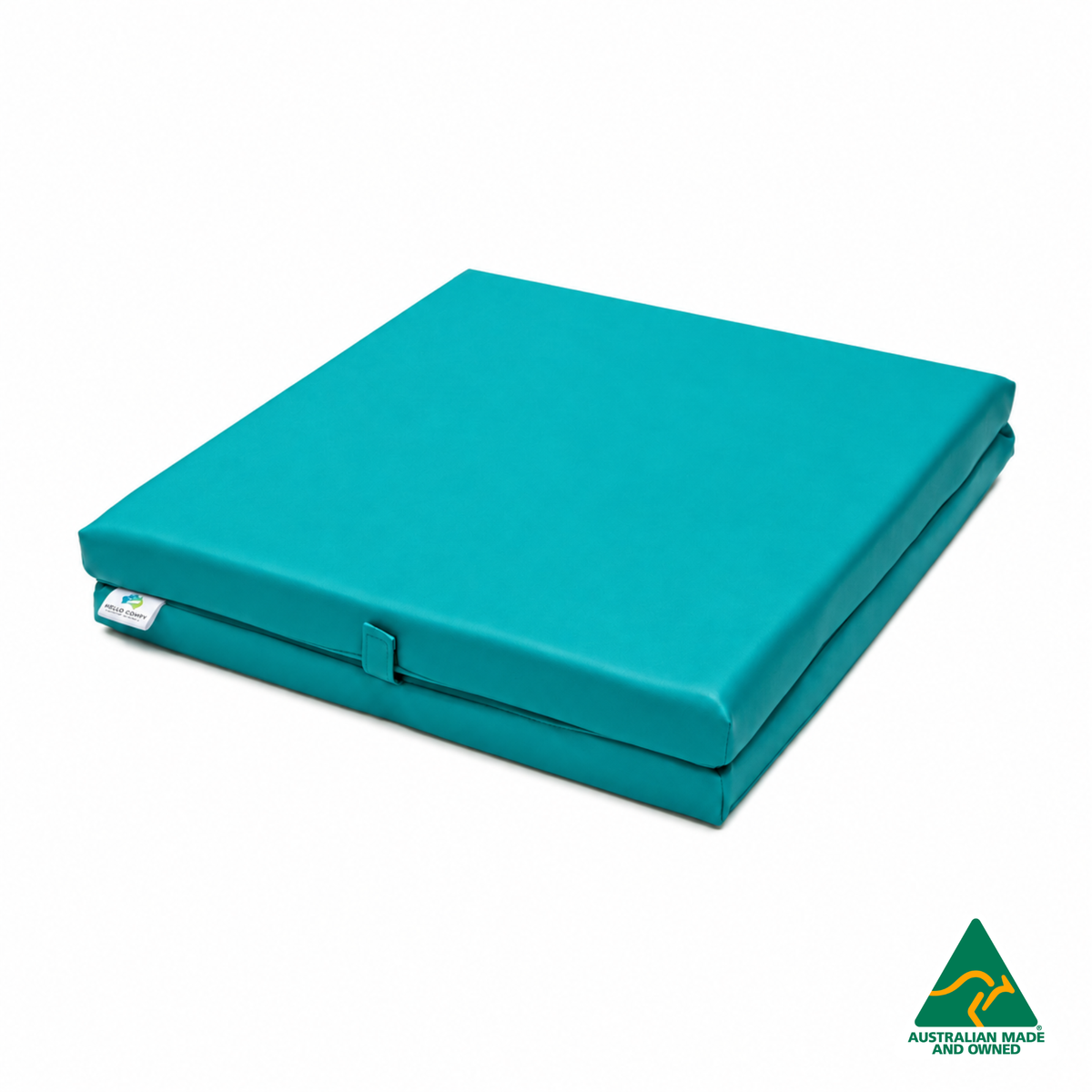 Folded Aqua Foldable Hello Comfy Child Care Sleep Mat made from waterproof PVC vinyl and foam, tested to AS/NZS 8811.1:2013, Australian-made for daycare and child care use