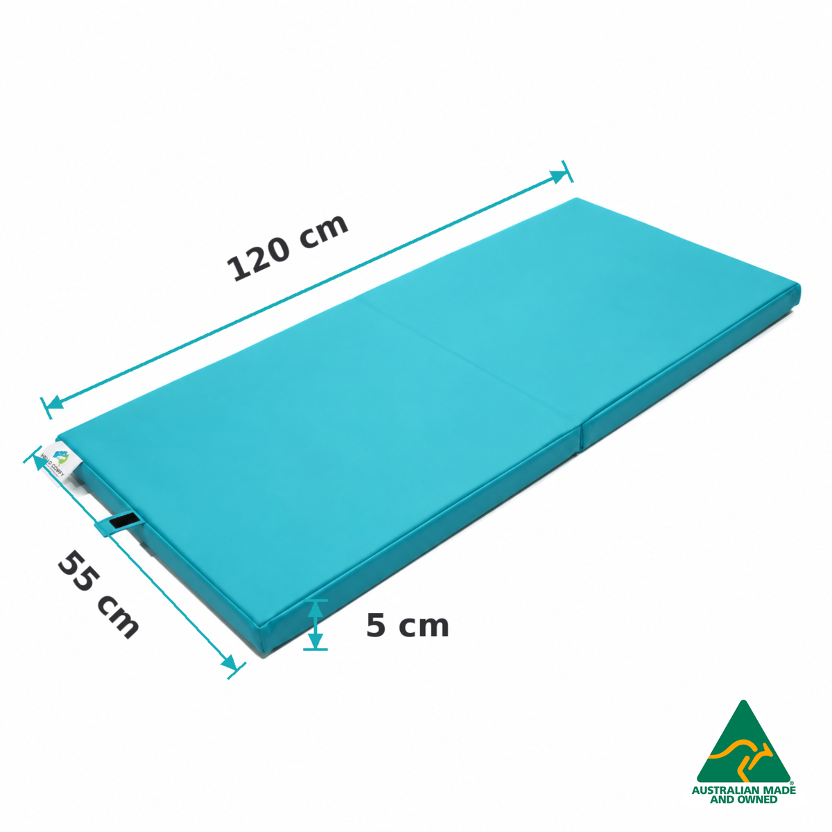 Dimensions of the Unfolded Aqua Hello Comfy Foldable Child Care Sleep Mat showing 120cm length, 55cm width and 5cm thickness for daycare, kindergarten, school and early-learning use.