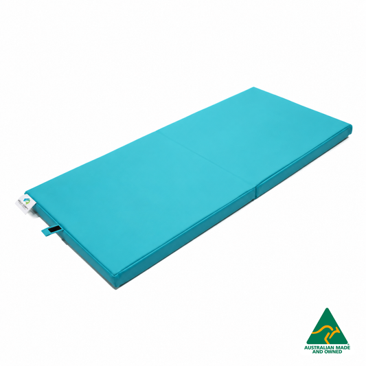 Unfolded Aqua Foldable Hello Comfy Child Care Sleep Mat made from waterproof PVC vinyl and foam, tested to AS/NZS 8811.1:2013, Australian-made for daycare and child care use