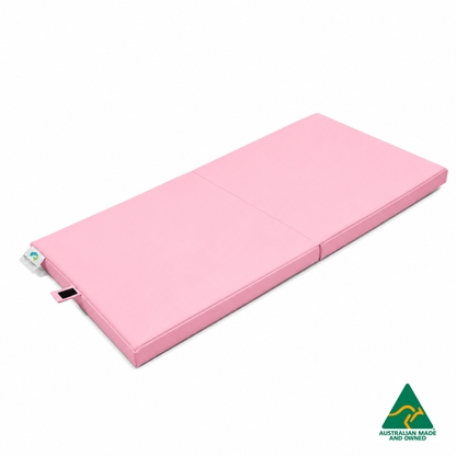 Unfolded Baby Pink Foldable Hello Comfy Child Care Sleep Mat made from waterproof PVC vinyl and foam, tested to AS/NZS 8811.1:2013, Australian-made for daycare and child care use
