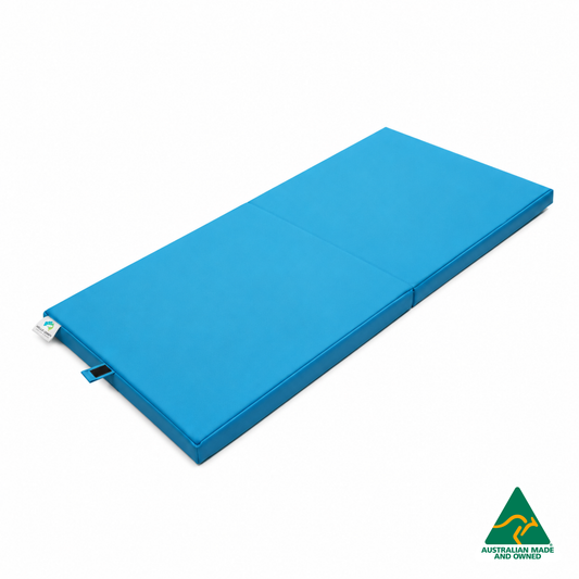 Unfolded Blue Foldable Hello Comfy Child Care Sleep Mat made from waterproof PVC vinyl and foam, tested to AS/NZS 8811.1:2013, Australian-made for daycare and child care use