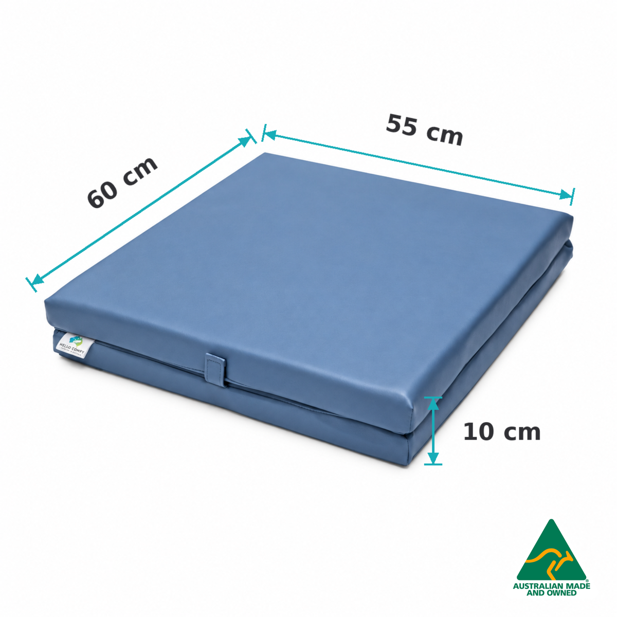 Dimensions of the Folded Denim Blue Hello Comfy Foldable Child Care Sleep Mat showing 60cm length, 55cm width and 10cm thickness for daycare, kindergarten, school and early-learning use.