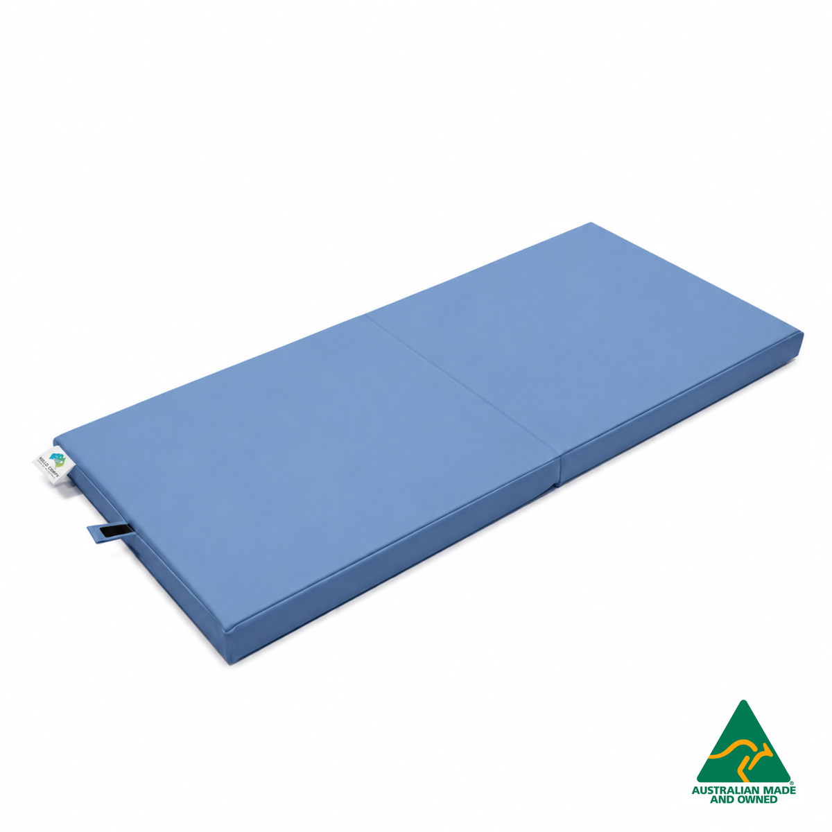 Unfolded Denim Blue Foldable Hello Comfy Child Care Sleep Mat made from waterproof PVC vinyl and foam, tested to AS/NZS 8811.1:2013, Australian-made for daycare and child care use