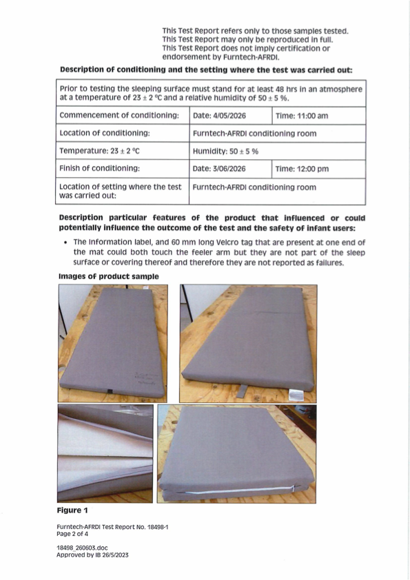 Foldable daycare sleep mat firmness testing results showing compliance with AS/NZS 8811.1:2013 safety standard