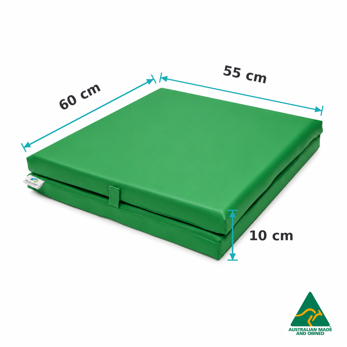 Dimensions of the Folded Green Hello Comfy Foldable Child Care Sleep Mat showing 60cm length, 55cm width and 10cm thickness for daycare, kindergarten, school and early-learning use.