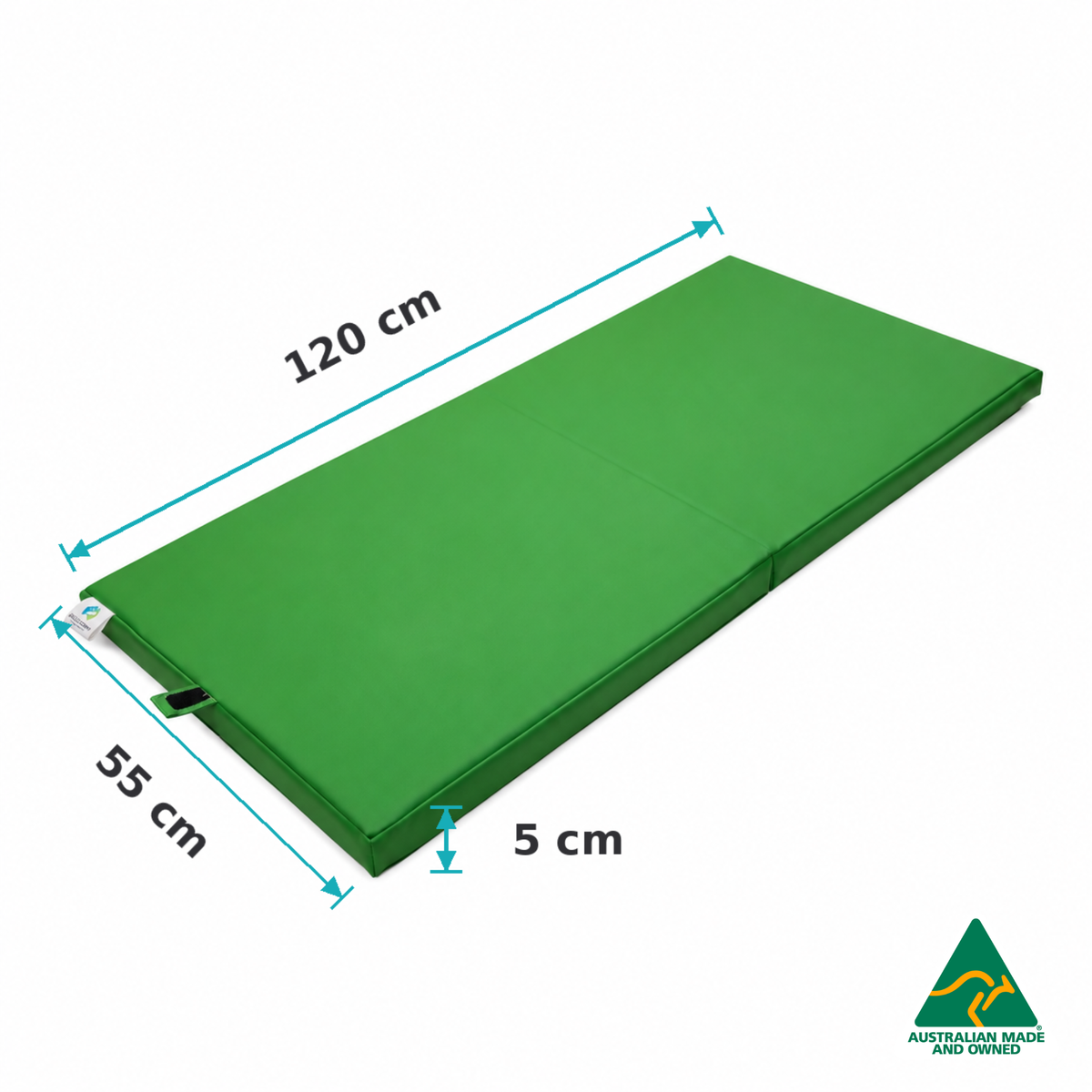 Dimensions of the Unfolded Green Hello Comfy Foldable Child Care Sleep Mat showing 120cm length, 55cm width and 5cm thickness for daycare, kindergarten, school and early-learning use.