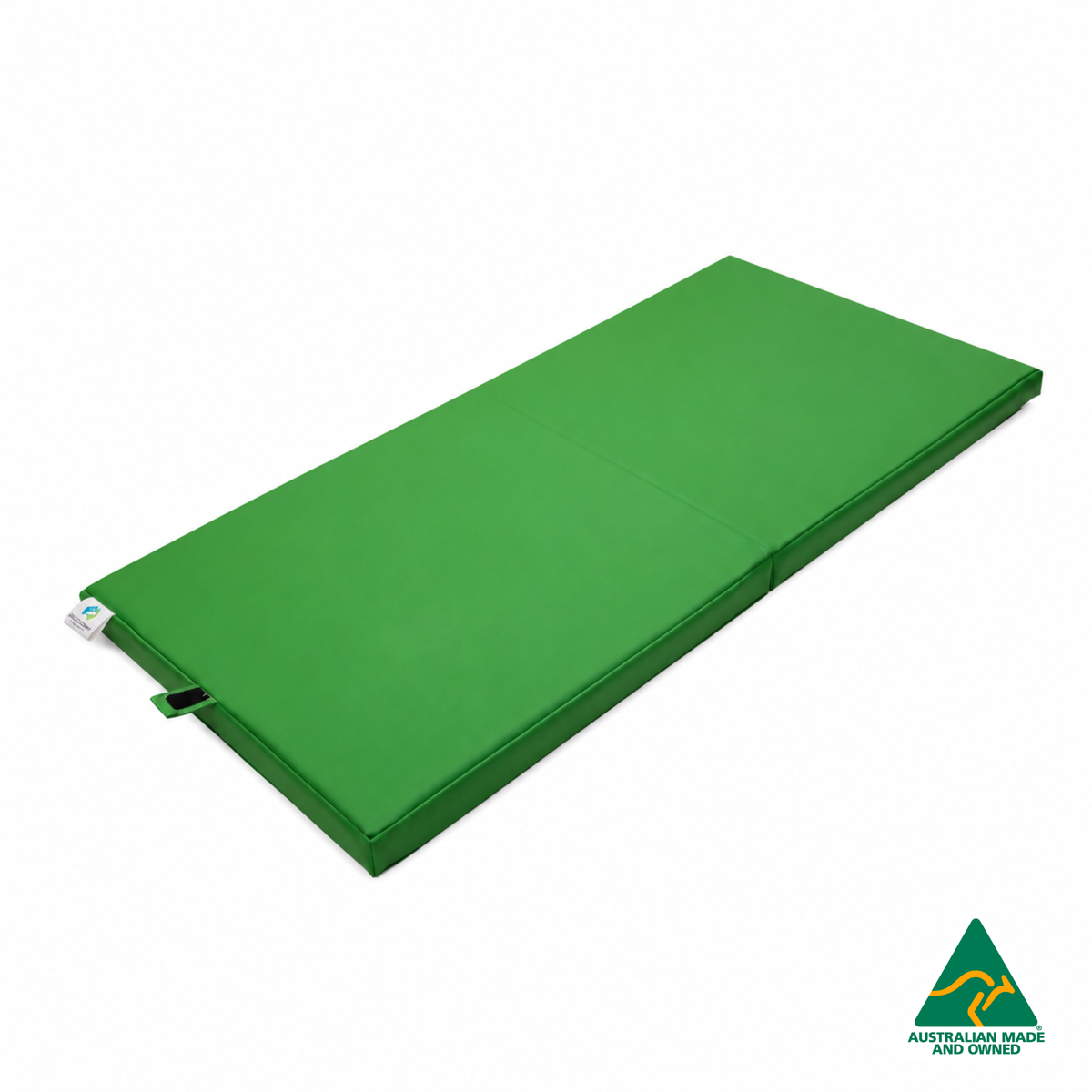 Unfolded Green Foldable Hello Comfy Child Care Sleep Mat made from waterproof PVC vinyl and foam, tested to AS/NZS 8811.1:2013, Australian-made for daycare and child care use