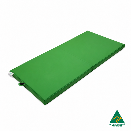 Unfolded Green Foldable Hello Comfy Child Care Sleep Mat made from waterproof PVC vinyl and foam, tested to AS/NZS 8811.1:2013, Australian-made for daycare and child care use