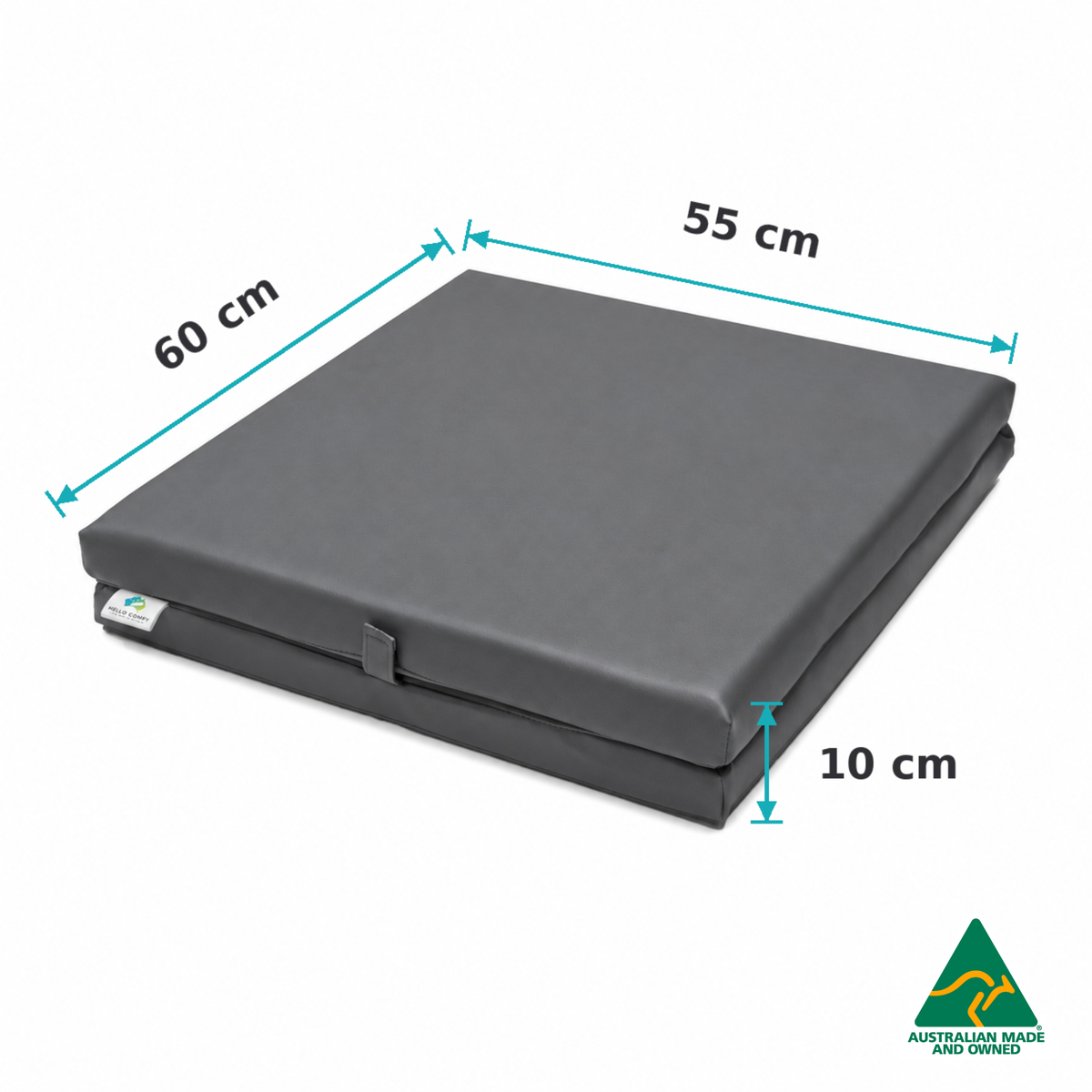 Dimensions of the Folded Grey Hello Comfy Foldable Child Care Sleep Mat showing 60cm length, 55cm width and 10cm thickness for daycare, kindergarten, school and early-learning use.