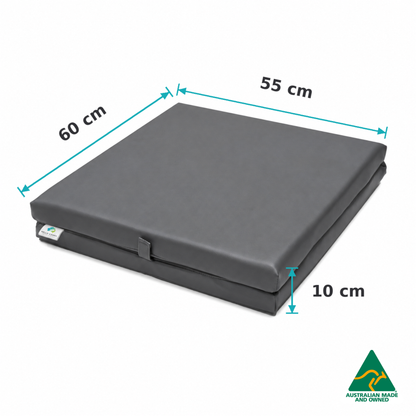 Dimensions of the Folded Grey Hello Comfy Foldable Child Care Sleep Mat showing 60cm length, 55cm width and 10cm thickness for daycare, kindergarten, school and early-learning use.