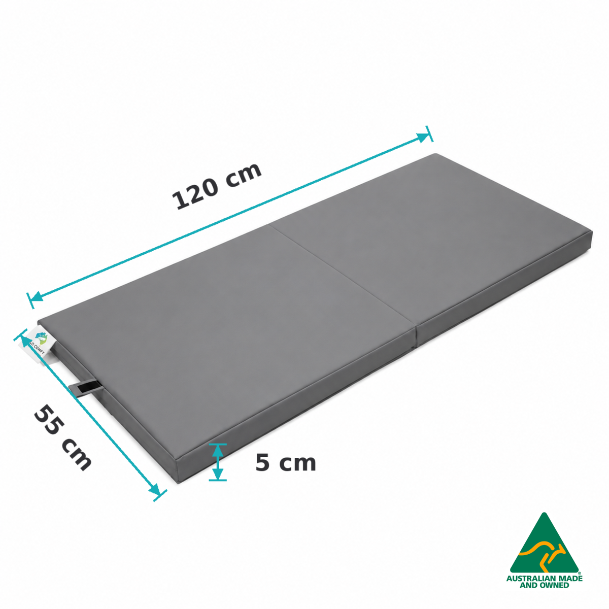 Dimensions of the Unfolded Grey Hello Comfy Foldable Child Care Sleep Mat showing 120cm length, 55cm width and 5cm thickness for daycare, kindergarten, school and early-learning use.