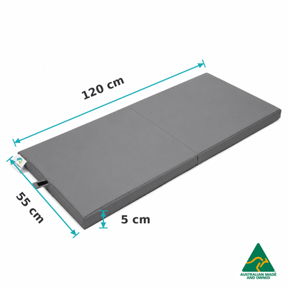 Dimensions of the Unfolded Grey Hello Comfy Foldable Child Care Sleep Mat showing 120cm length, 55cm width and 5cm thickness for daycare, kindergarten, school and early-learning use.
