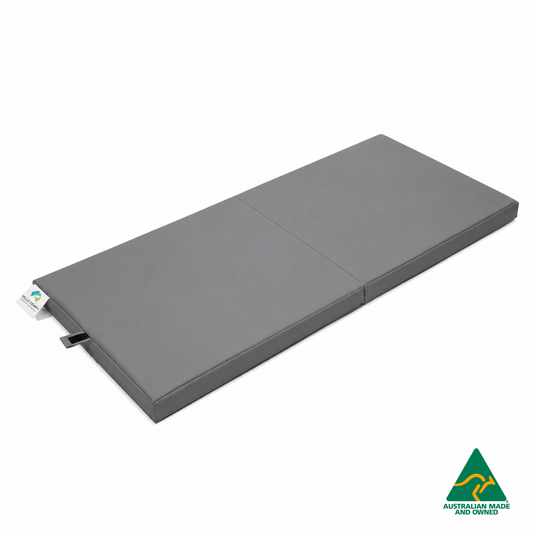 Unfolded Grey Foldable Hello Comfy Child Care Sleep Mat made from waterproof PVC vinyl and foam, tested to AS/NZS 8811.1:2013, Australian-made for daycare and child care use