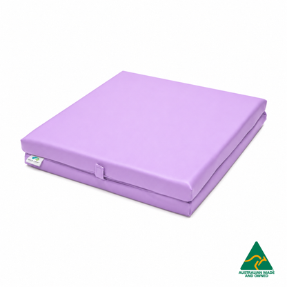 Folded Lavender Purple Foldable Hello Comfy Child Care Sleep Mat made from waterproof PVC vinyl and foam, tested to AS/NZS 8811.1:2013, Australian-made for daycare and child care use