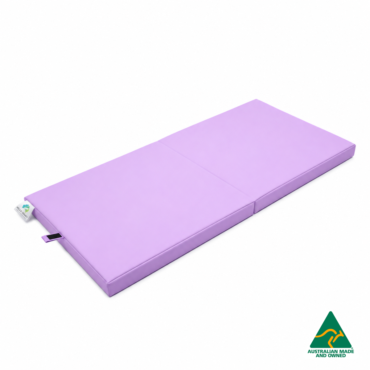 Unfolded Lavender Purple Foldable Hello Comfy Child Care Sleep Mat made from waterproof PVC vinyl and foam, tested to AS/NZS 8811.1:2013, Australian-made for daycare and child care use