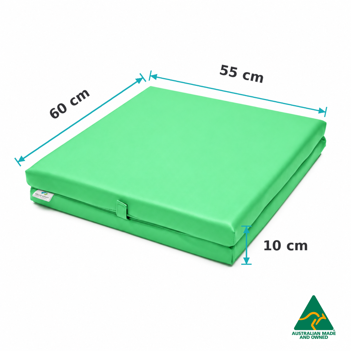 Dimensions of the Folded Mint Green Hello Comfy Foldable Child Care Sleep Mat showing 60cm length, 55cm width and 10cm thickness for daycare, kindergarten, school and early-learning use.