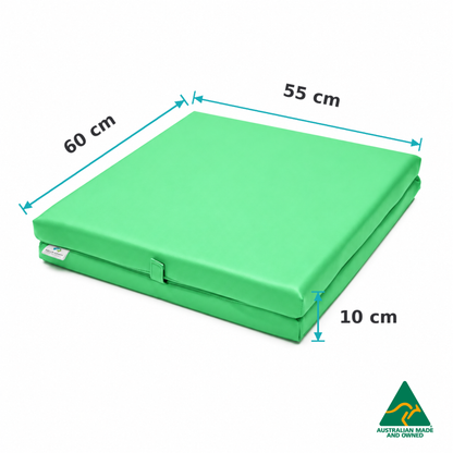 Dimensions of the Folded Mint Green Hello Comfy Foldable Child Care Sleep Mat showing 60cm length, 55cm width and 10cm thickness for daycare, kindergarten, school and early-learning use.